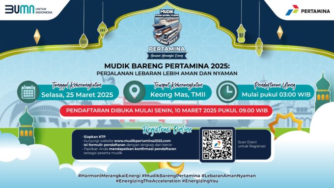 Mudik Gratis Pertamina 2025 kembali hadir! Siapkan 5000 kursi untuk 23 kota tujuan. Daftar mulai 10 Maret 2025 di mudikpertamina2025.com